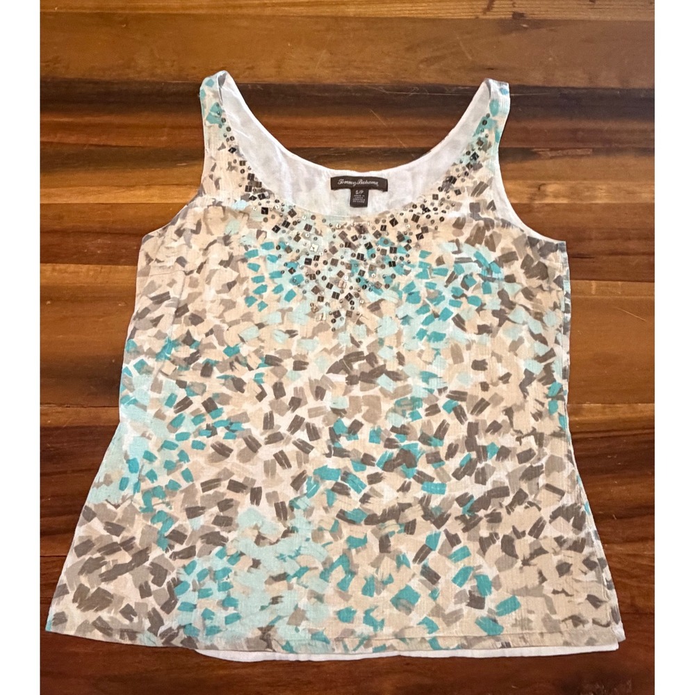 Tommy Bahama Womens Small Cotton Abstract Print Embellished Tank Top Turquoise
